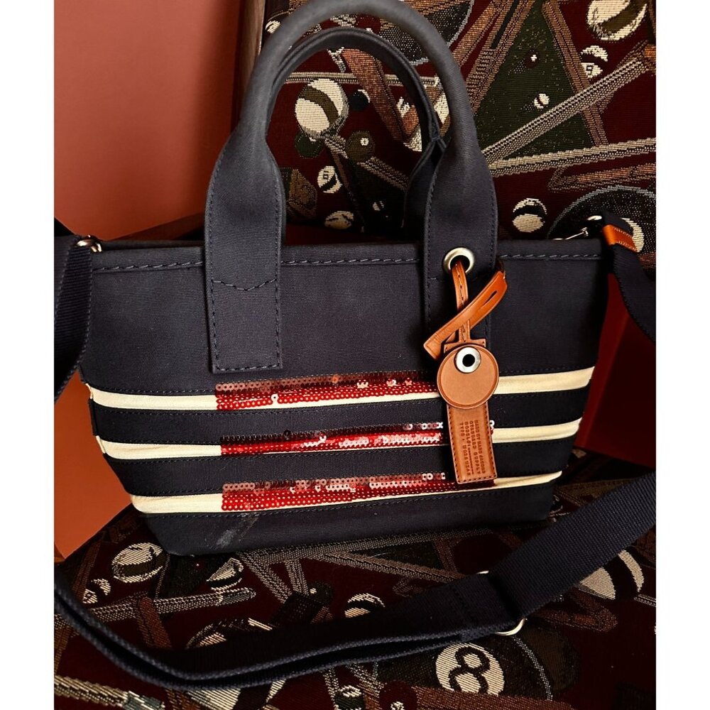 MARC JACOBS STRIPED PRUSSIAN BLUE SEQUINS CANVAS TOTE BAG